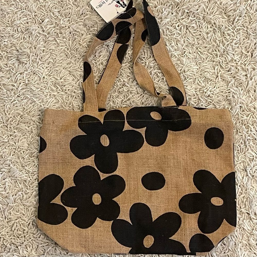 Buckhead Betty khaki/black, large, flower jute tote, NWT